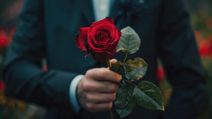 A man dressed sharply in a black suit is captured in a close up shot clutching a vibrant red rose