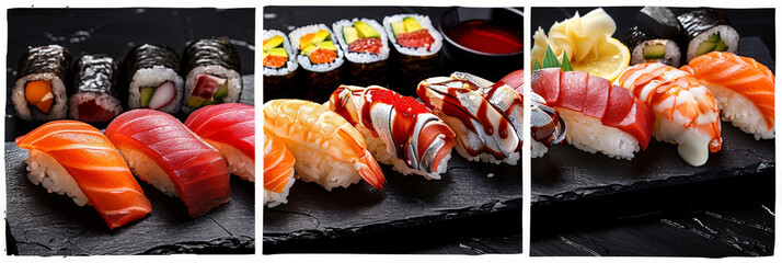 Poster - A close-up view of a variety of sushi nigiri and maki rolls, featuring salmon, tuna, shrimp, avocado, and cucumber, served on black slate plates