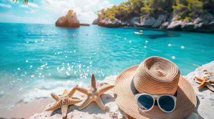 Canvas Print - A straw hat, stylish sunglasses, and a vibrant starfish are placed on the sandy beach. The accessories are sitting under the sun, creating a summery beach scene