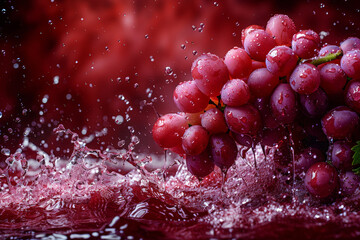 Poster - A bunch of red grapes is being splashed with water, creating droplets and ripples on the fruit’s surface