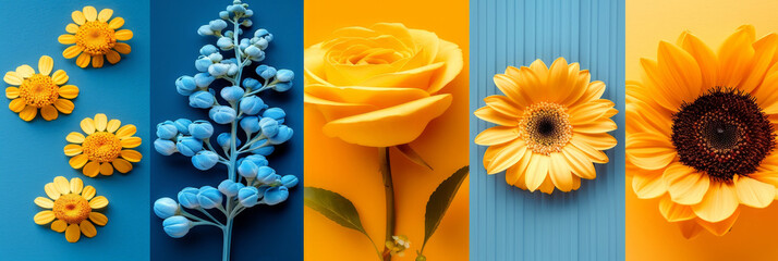Aufkleber - An arrangement of yellow and blue flowers on a background of striped blue and yellow
