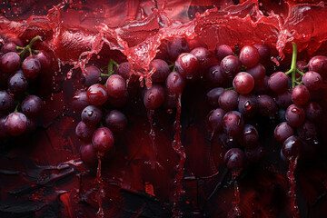 Fototapete - Ripe red grapes arranged on a vibrant red background, creating a striking contrast in color