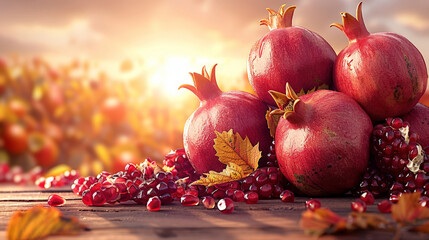 Poster - Ripe pomegranates are placed on a wooden table, surrounded by vibrant red, orange, and yellow autumn leaves. The scene suggests the arrival of fall with its seasonal fruits and colors