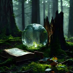 Wall Mural - symbol of the moon, a crystal ball lying on a stump in the forest that is covered with moss on a dark natural background. pagan Wiccan