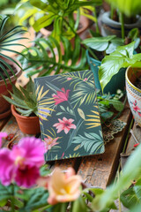 Poster - a notebook adorned with vibrant tropical plants and flowers sits on a rustic wooden table