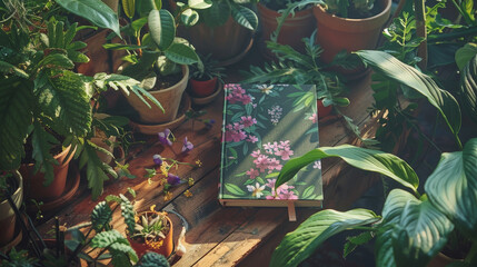 Poster - A book is seen laying on a wooden floor next to several potted plants, creating a quaint and cozy setting. The book appears slightly worn, suggesting it has been read before
