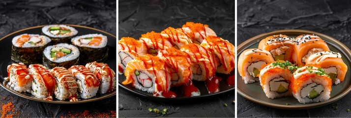 Poster - Collage with plates of sushi, each containing various types of fresh sushi rolls, served on a sleek black background. The sushi pieces are beautifully arranged and ready to be enjoyed