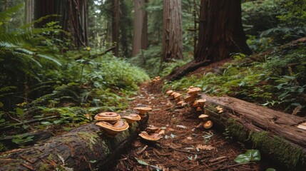 Poster - Forest trail with fallen logs and mushrooms, capturing the essence of a peaceful woodland hike.