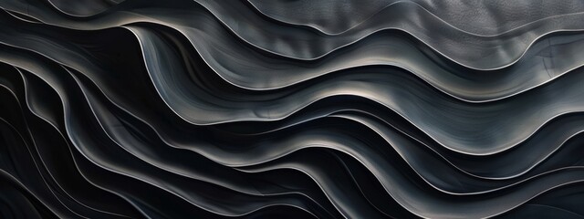 Wall Mural - Abstract texture dark black gray grey background banner panorama long with 3d geometric waving waves curves gradient shapes for website, business, print design template paper pattern illustration