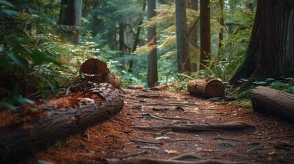 Poster - Forest trail with fallen logs and mushrooms, capturing the essence of a peaceful woodland hike.