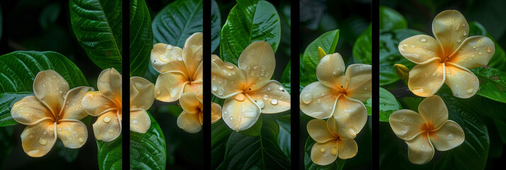 Poster - Close-up of pale yellow plumeria flowers covered in raindrops, blooming amidst lush green foliage