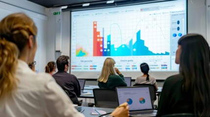 Fototapete - Graph illustrating demographic data on a large screen, being presented in a seminar room.