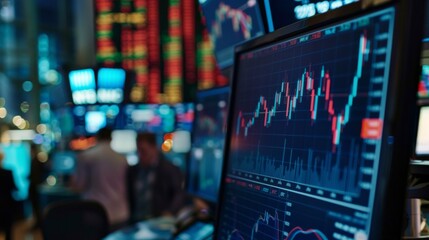 Poster - Graph showing stock market fluctuations on a dual-monitor setup, with a busy trading floor in the background.