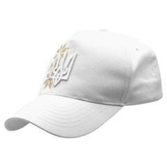 White Patriotic Cap with Ukrainian trident. This is the national coat of arms of Ukraine, not a trademark. Made in Ukraine. Baseball and trucker cap.