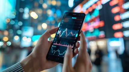 Fototapete - Hands holding a smartphone displaying a real-time stock market graph, with a busy office background.
