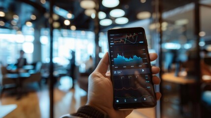 Fototapete - Hands holding a smartphone displaying a real-time stock market graph, with a busy office background.
