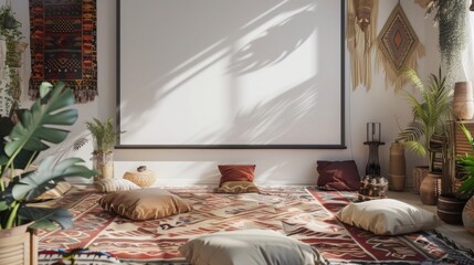 Poster - A room featuring a projector screen and a colorful rug in a school or educational environment. The projector is ready for a presentation or lecture.