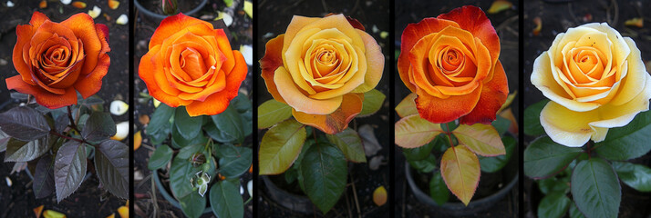 Poster - Five rose bushes with yellow, orange, and red roses are shown in various stages of bloom