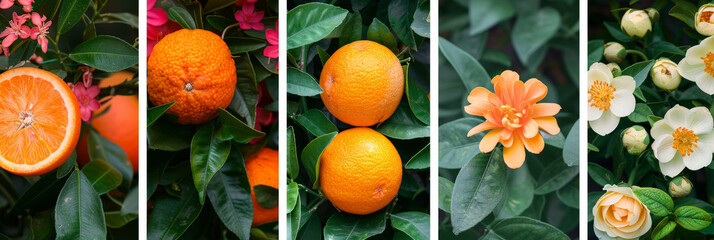 Poster - A cluster of oranges and vibrant flowers intermingled on a tree branch, creating a colorful and lively display of natures bounty