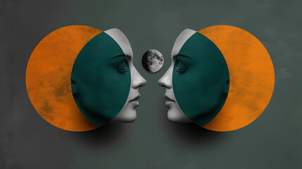 Poster - A womans face is shown with a vibrant orange and green circle in the middle. The colors contrast against her skin, creating a bold visual impact