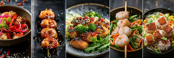 Poster - A collection of Asian-inspired dishes featuring grilled shrimp skewers, teriyaki salmon bites, and stir-fry vegetables