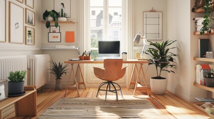 Poster - Interior of a minimalist home office with a simple desk, ergonomic chair, and ample natural light.