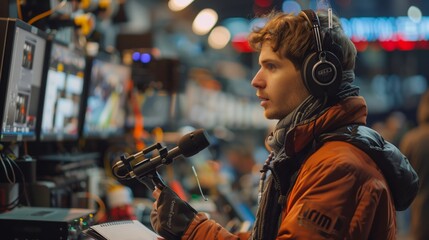 A professional sports journalist wearing headphones while working in front of multiple computer monitors