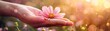 © JK_kyoto - Close up of a hand caressing a flower, its delicate petals vibrating slightly in a soft, blurred garden breeze, encapsulating nature s fragility, sharpen with copy space