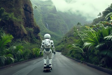 Wall Mural - Robot Roll: Skateboarder Bot on Highway Through Jungle Oasis