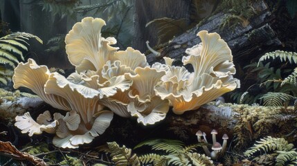 Poster - Large, fan-shaped fungi sprouting from a log, with a background of ferns and forest flora.