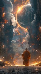 Wall Mural - A man is walking through a fiery landscape with a large planet in the background