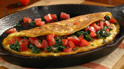 Poster -  vegetable omelet with tomatoes and spinach in a cast iron skillet