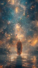 Wall Mural - A man is standing in the middle of a lake, surrounded by a beautiful, starry sky