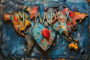 Poster - A close up of a painting of a map with a heart on it