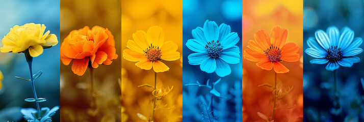 Poster - A row of vibrant and diverse flowers arranged in a colorful display. Each flower exhibits unique hues and shapes, creating a striking visual pattern in the garden