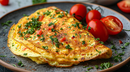 Poster - A freshly cooked omelette is displayed on a white plate, adorned with ripe red tomatoes and fragrant fresh herbs. The omelette is perfectly cooked and filled with the juicy tomatoes and aromatic herbs