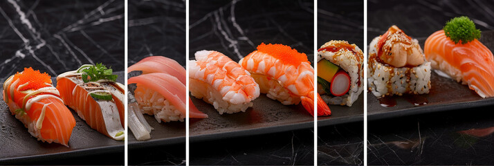Poster - A row of assorted sushi neatly arranged on a sleek black plate. The sushi pieces are glistening and colorful, showcasing a variety of flavors and textures