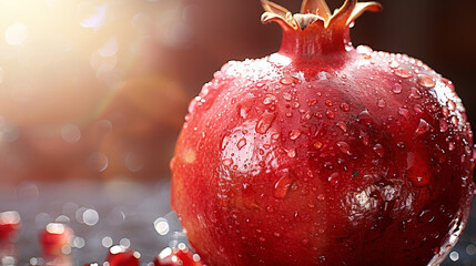 Poster - A single red pomegranate fruit is placed on a wooden table. The fruit is round with a leathery red skin, revealing clusters of juice-filled red seeds inside