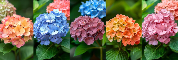 Poster - A close-up view of vibrant hydrangeas, showcasing a spectrum of colors including pink, blue, orange, and purple, blooming in a lush garden setting during the summer months