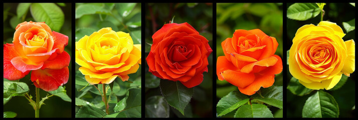 Poster - Five roses of various colors bloom in a garden, showcasing their vibrant hues against a backdrop of green foliage