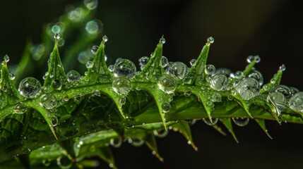 Poster - Macro view of water droplets clinging to the serrated edges of a green leaf, resembling a miniature crystal forest.
