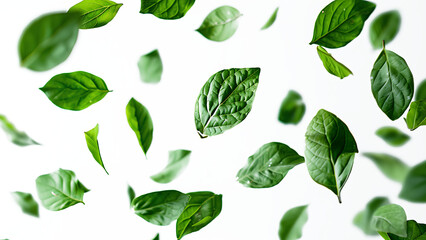 Wall Mural - Green leaves flying in the air isolated on transparent background.