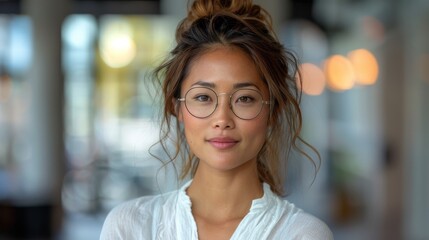 Wall Mural - A woman with glasses and a ponytail is smiling