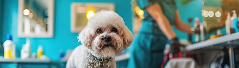 Wall Mural - Bichon Frise at a dog grooming salon, being pampered by a professional groomer in a clean, wellequipped setting, capturing the fluffy dogs grooming session