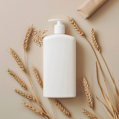 Canvas Print - Blank Empty Shampoo bottle Mock Up With  Wheat Surrounding The Bottle Creating Natural And Organic Aesthetic On Beige Background, Generative AI