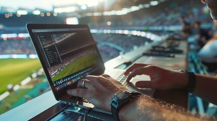 A man, likely a sports journalist, is typing on a laptop in front of a stadium