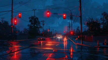 Aufkleber - Nighttime scene with traffic lights glowing red, illuminating the wet pavement after a rainstorm.