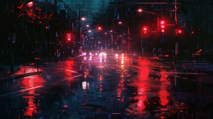 Aufkleber - Nighttime scene with traffic lights glowing red, illuminating the wet pavement after a rainstorm.
