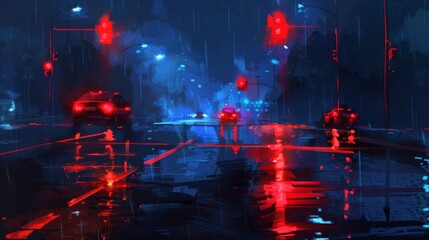 Aufkleber - Nighttime scene with traffic lights glowing red, illuminating the wet pavement after a rainstorm.