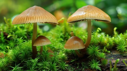 Poster - Pair of mushrooms growing side by side on a mossy log, symbolizing nature's resilience and beauty.